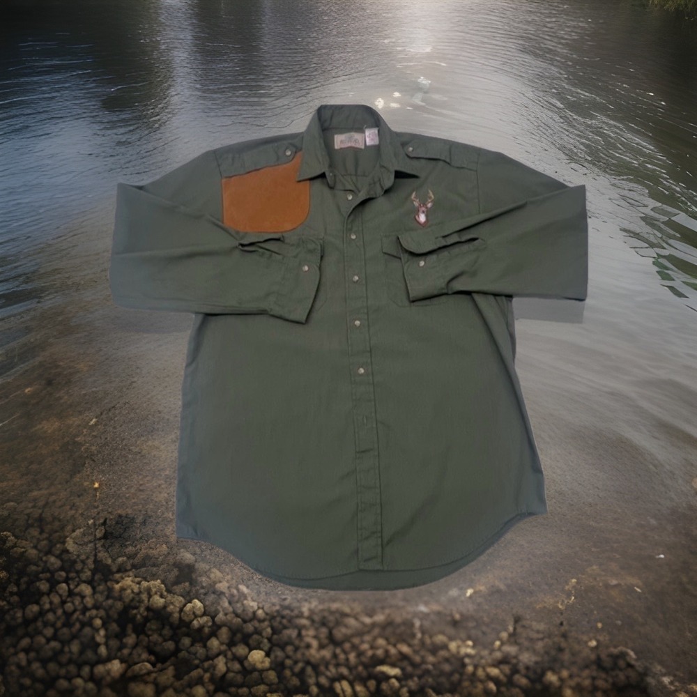 Red Head, Long Sleeve Green, Button Down, Men's XL,‎ 1970, Vtg. Deer, Hunter.